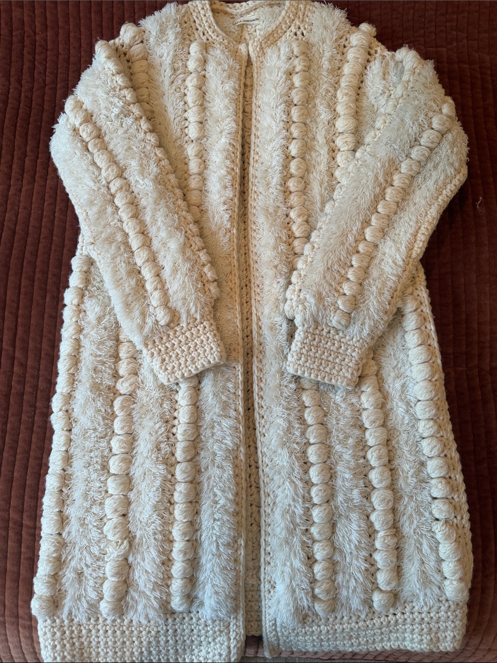ULLA JOHNSON Cream Pom-Pom Wool & Alpaca Knit Long Sweater Coat